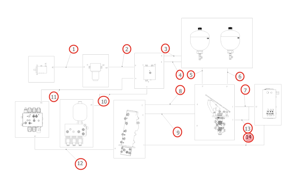 Sunward SWE150W installation diagram showing hydraulic hose 730504000736 at Pipe No. 14