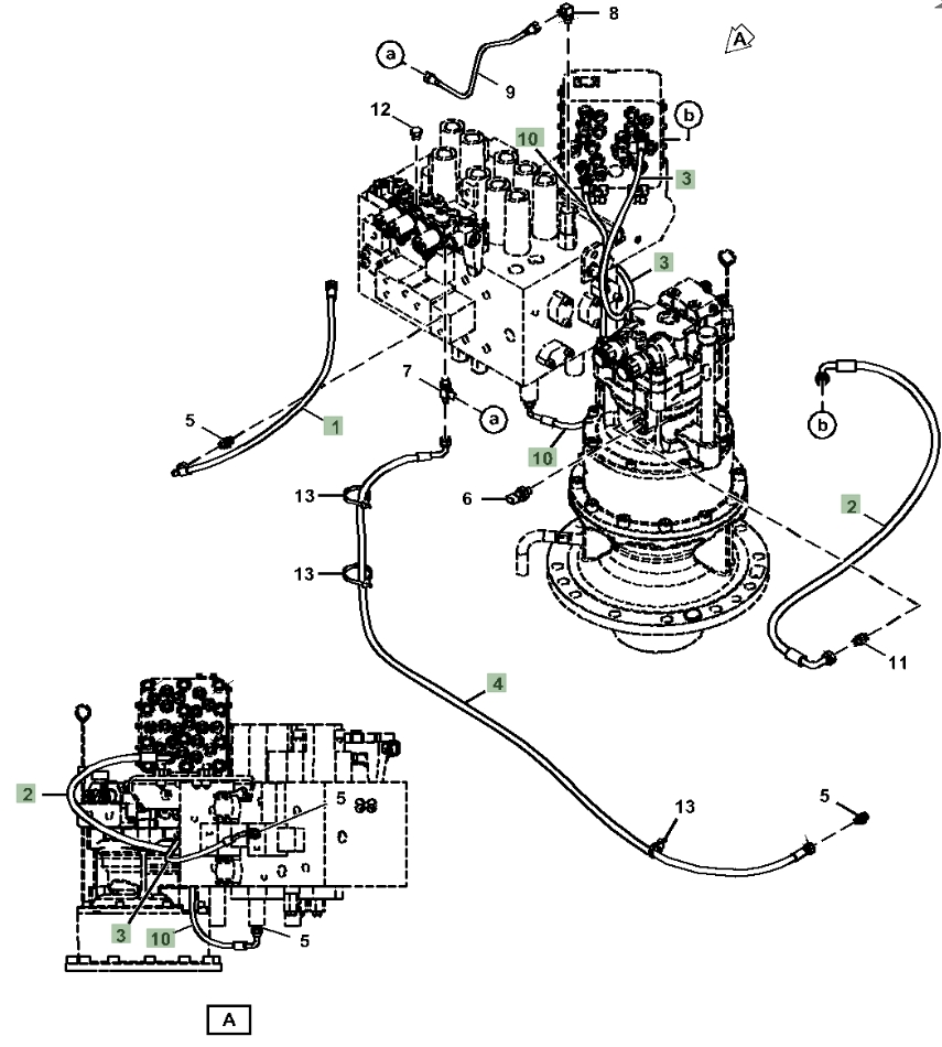 Hitachi ZX210-5A installation diagram showing hydraulic hose 4648912 at Pipe No. 3