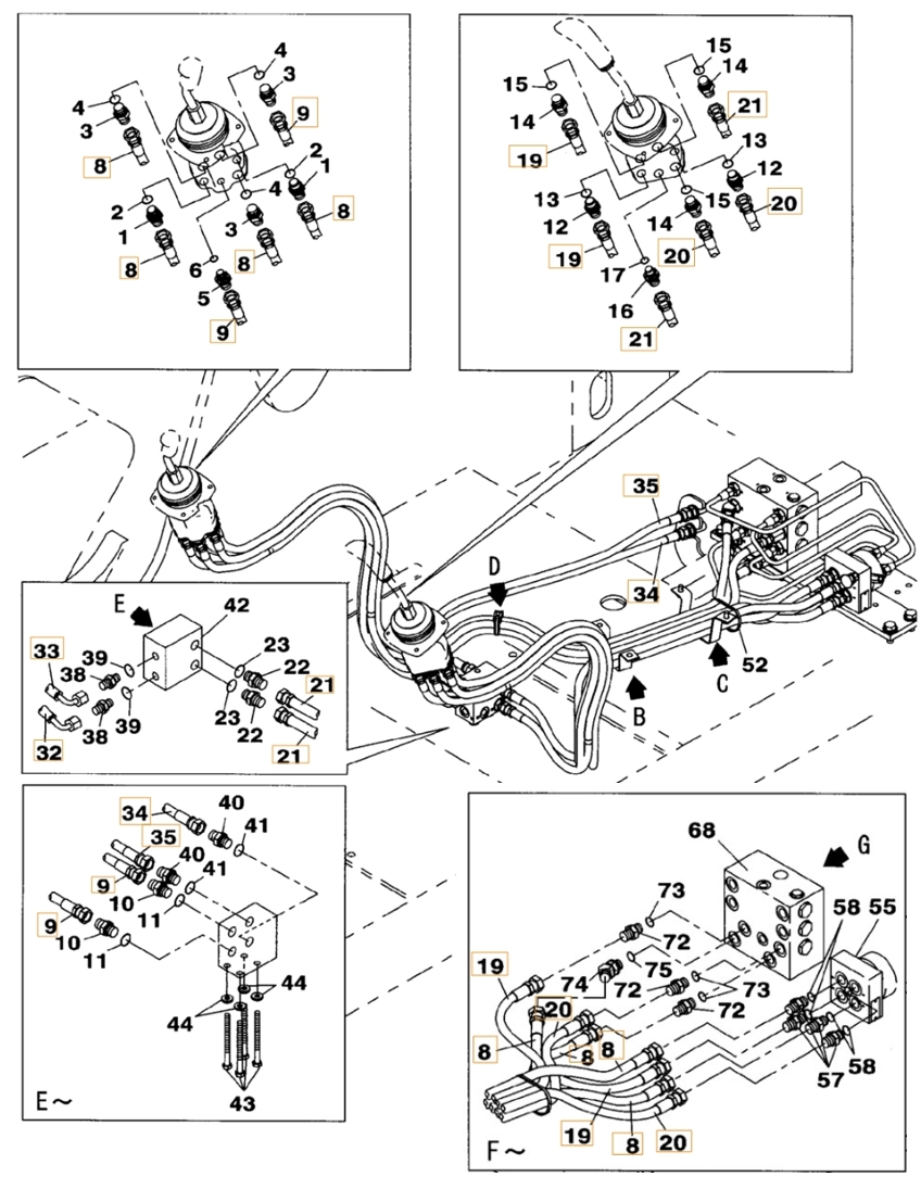 Case CX210BLR installation diagram showing hydraulic hose 159217A1 at Pipe No. 19
