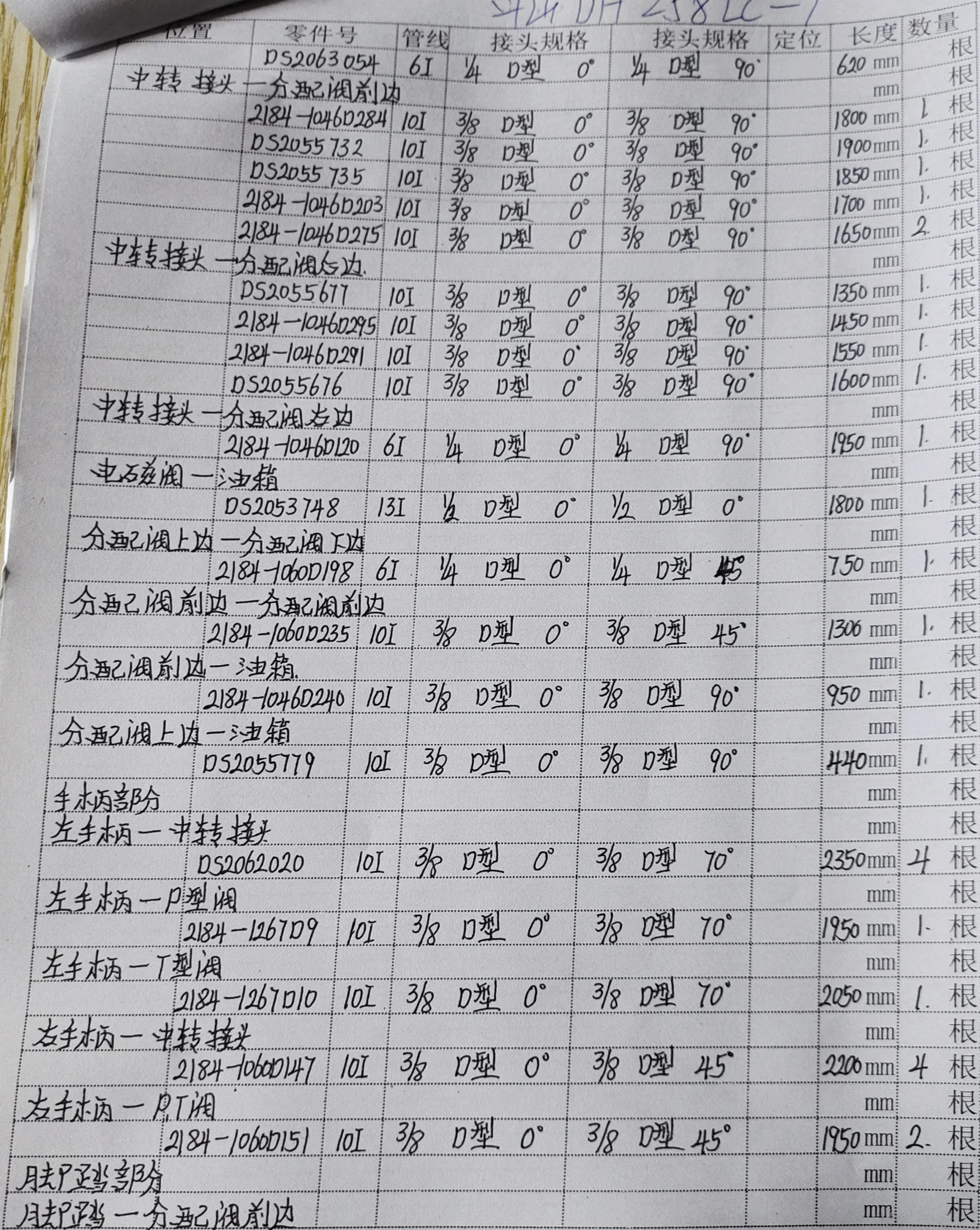 Doosan DH258LC-7 hydraulic hose part numbers and recorded lengths — technician notebook page 4 of 5