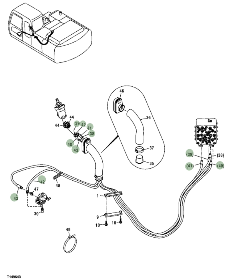Hitachi ZX200F installation diagram showing hydraulic hose 4438288 at Pipe No. 42