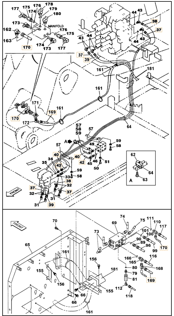 Case CX210 installation diagram showing hydraulic hose 168025A1 at Pipe No. 169
