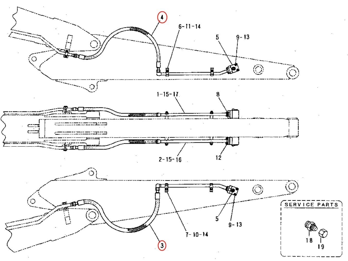 Caterpillar CAT®311B installation diagram showing hydraulic hose 127-6859 at Pipe No. 3