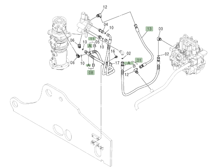 Hitachi ZX180W installation diagram showing hydraulic hose 4385325 at Pipe No. 13