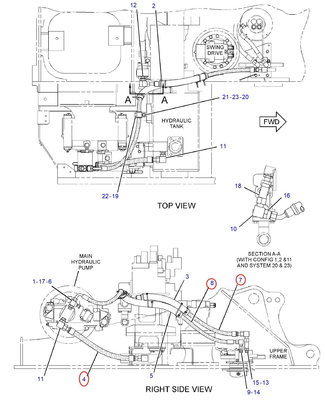Caterpillar CAT®312D L installation diagram showing hydraulic hose 199-1657 at Pipe No. 4