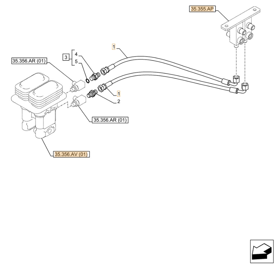 Case CX350D NLC installation diagram showing hydraulic hose KHJ2093 at Pipe No. 1