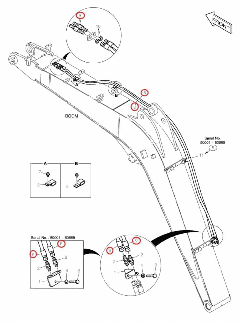 Doosan DX60R installation diagram showing hydraulic hose DS2053975 at Pipe No. 6