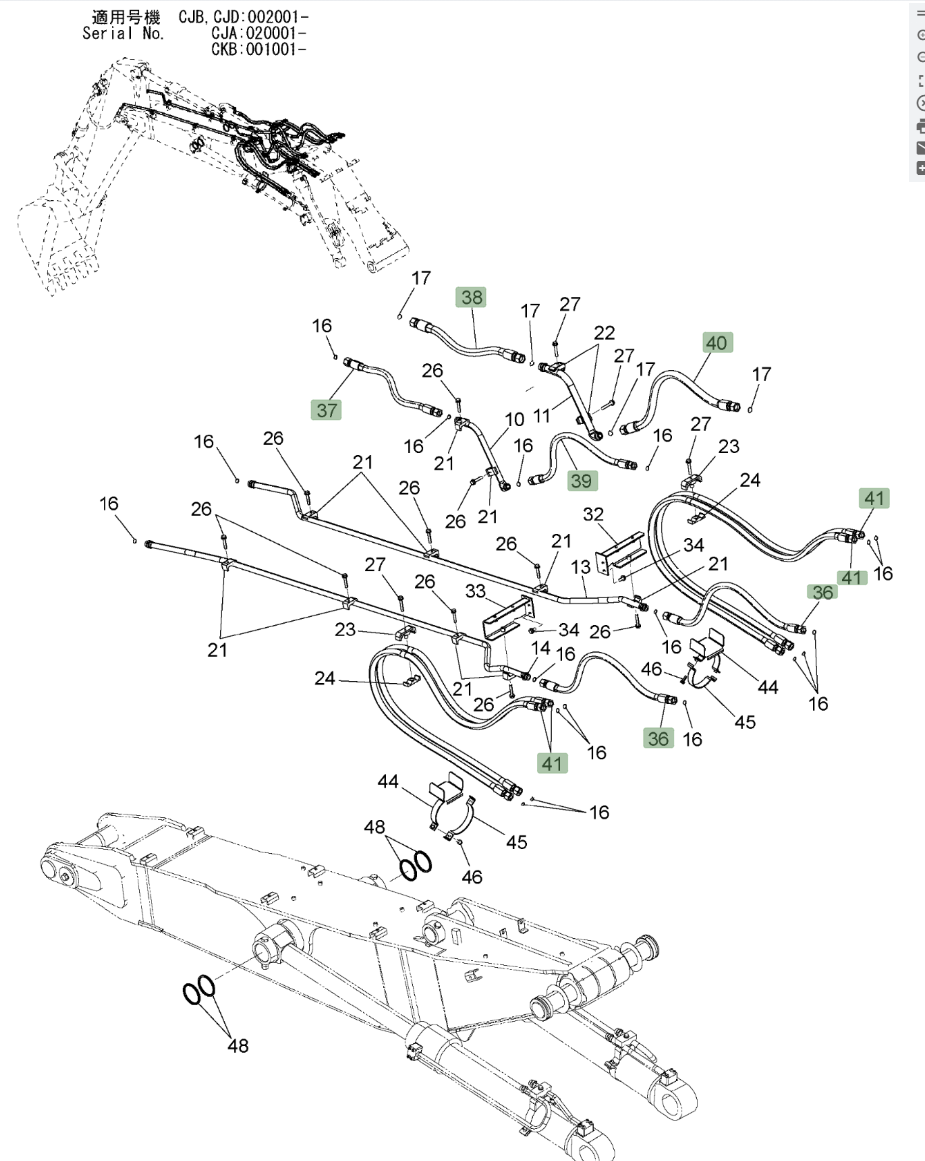 Hitachi ZX220W-3 installation diagram showing hydraulic hose 4649408 at Pipe No. 36
