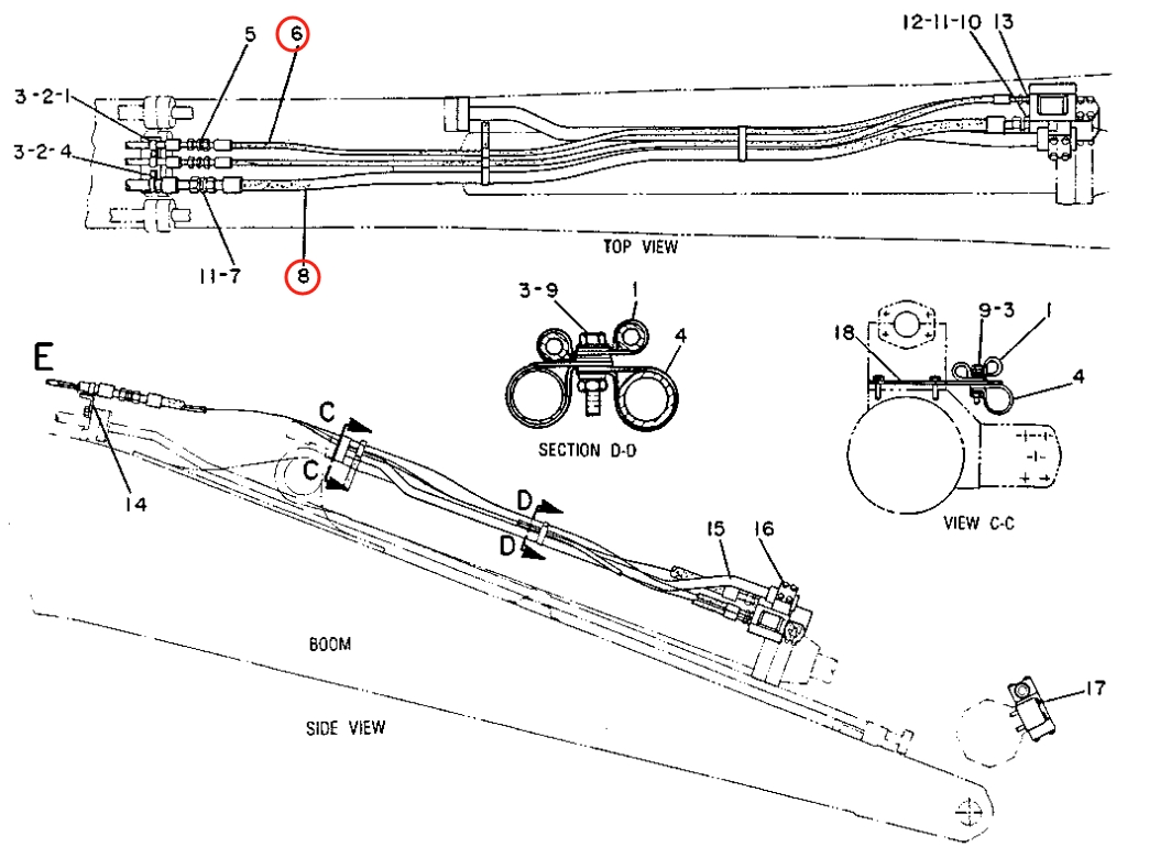 Caterpillar CAT®225D installation diagram showing hydraulic hose 6W-7648 at Pipe No. 8