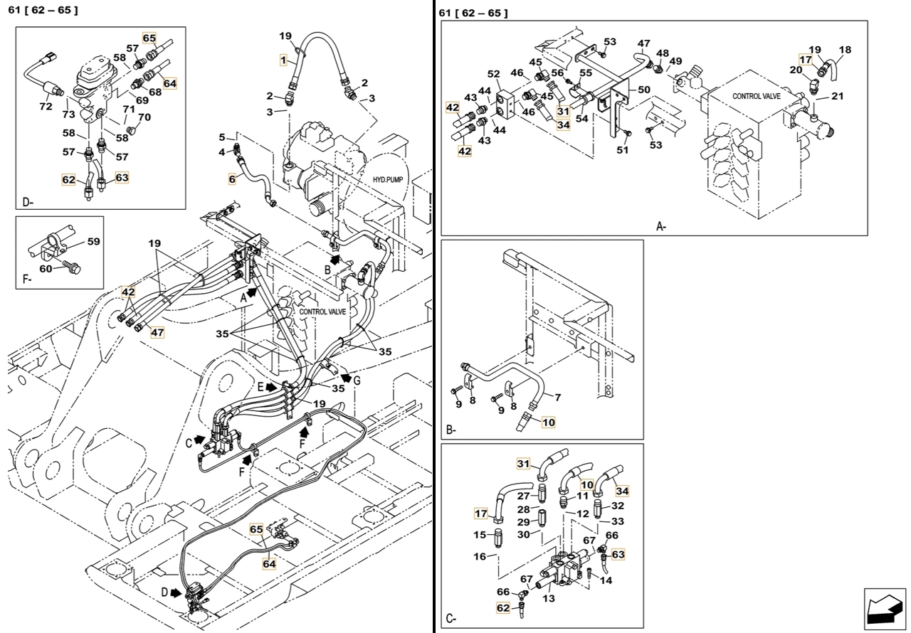 Case CX490C LC installation diagram showing hydraulic hose KHJ2088 at Pipe No. 65