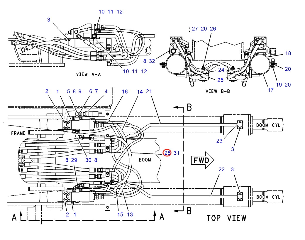 Caterpillar CAT®317 N installation diagram showing hydraulic hose 6C-6464 at Pipe No. 28