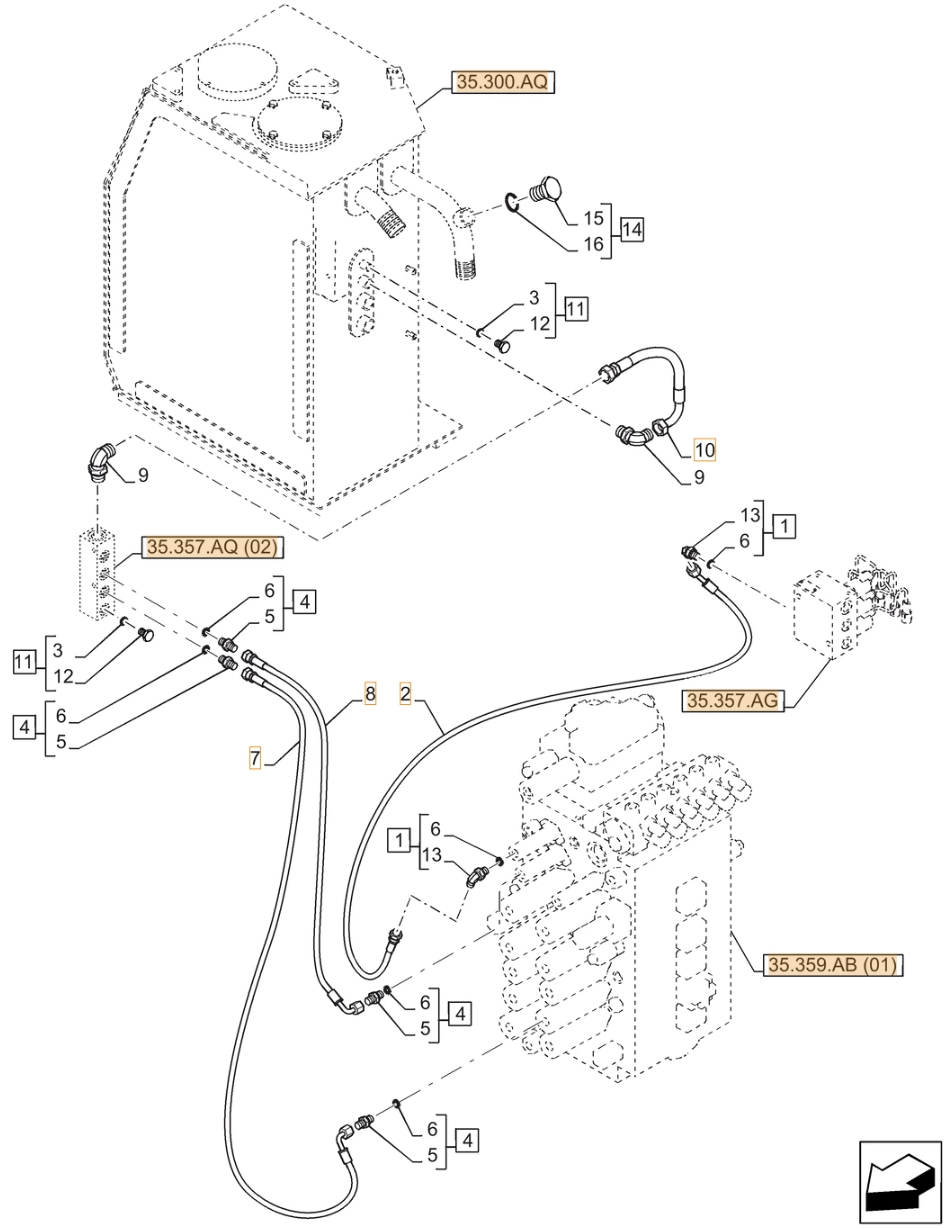 Case CX370D NLC installation diagram showing hydraulic hose KHJ2093 at Pipe No. 7