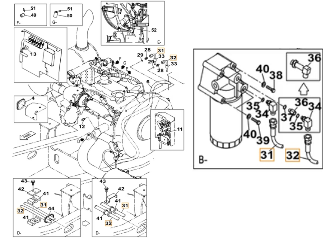 Case CX220B installation diagram showing hydraulic hose KRH10330 at Pipe No. 32