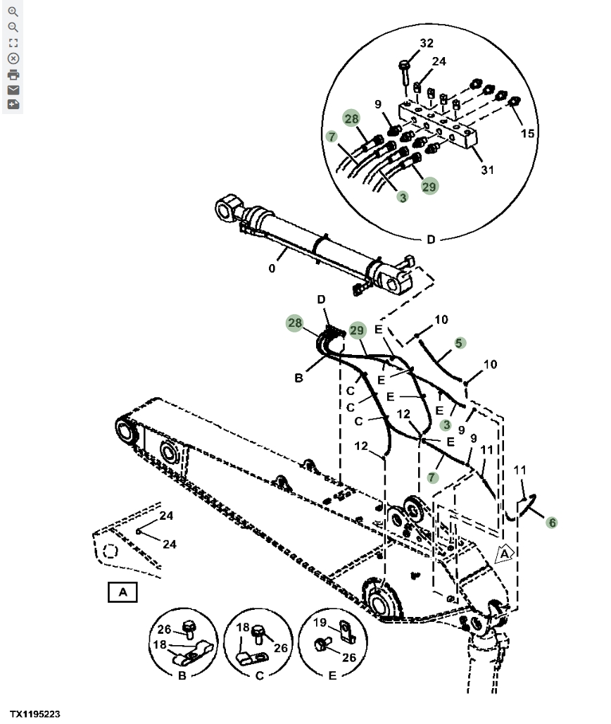 Hitachi ZX670LC-6 installation diagram showing hydraulic hose 4351853 at Pipe No. 6