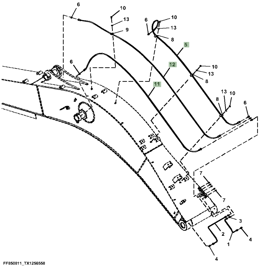 Hitachi ZX210-5A installation diagram showing hydraulic hose 4483563 at Pipe No. 11