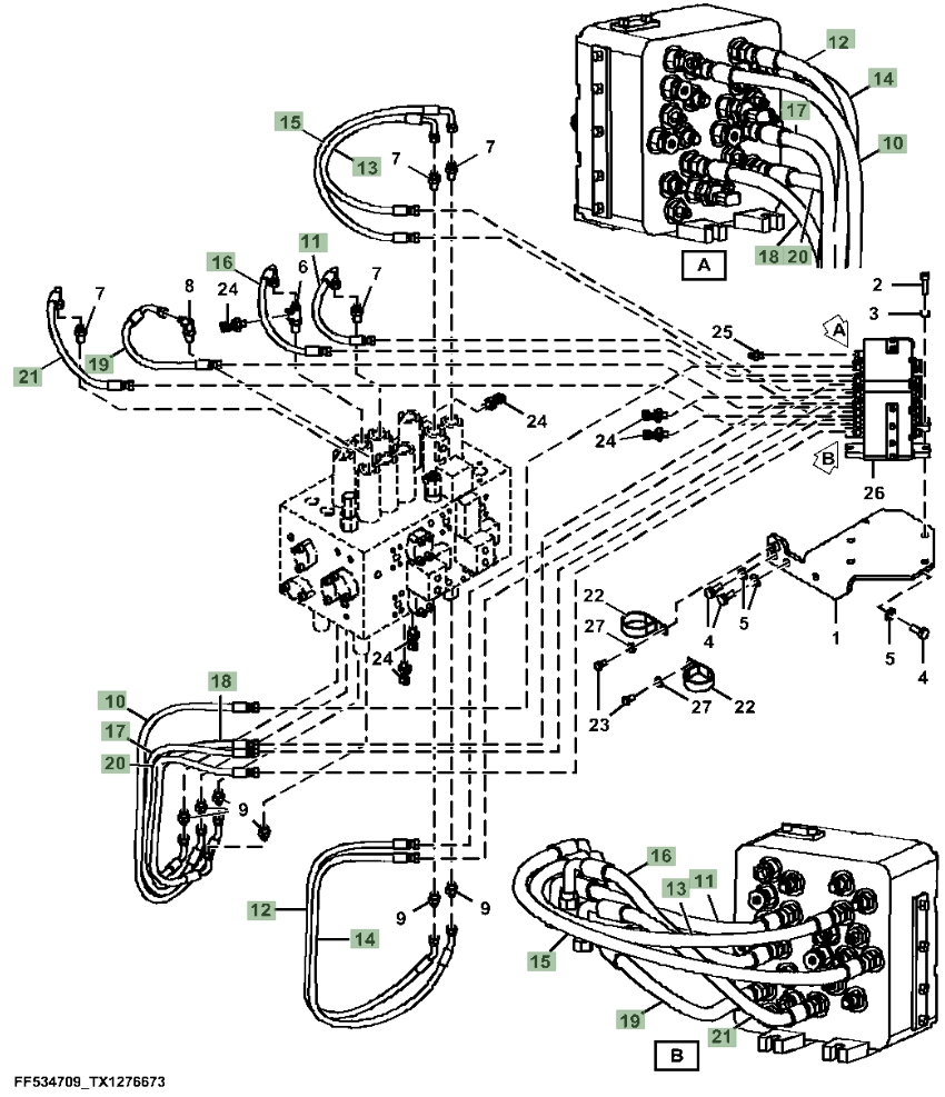 Hitachi ZX210-5A installation diagram showing hydraulic hose 4630937 at Pipe No. 20