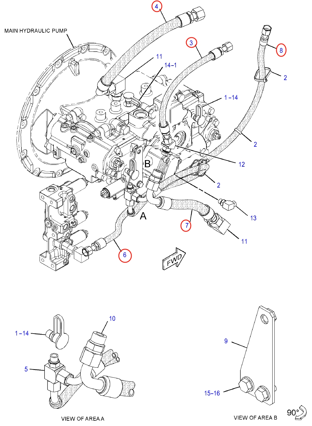 Caterpillar CAT®313F installation diagram showing hydraulic hose 218-1058 at Pipe No. 3