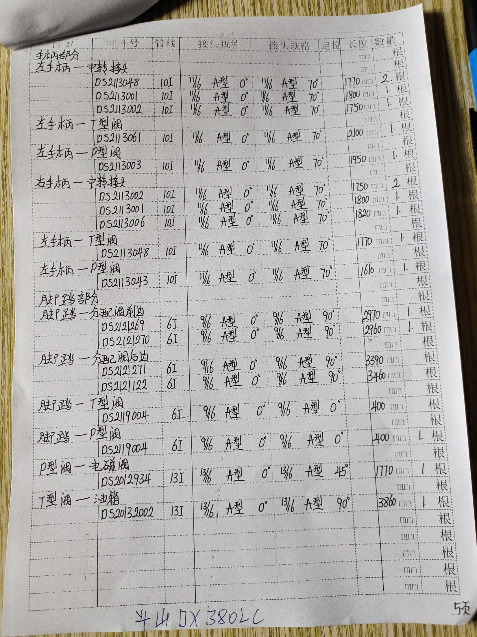 Doosan DX380LC hydraulic hose part numbers and recorded lengths — technician notebook page 5 of 5