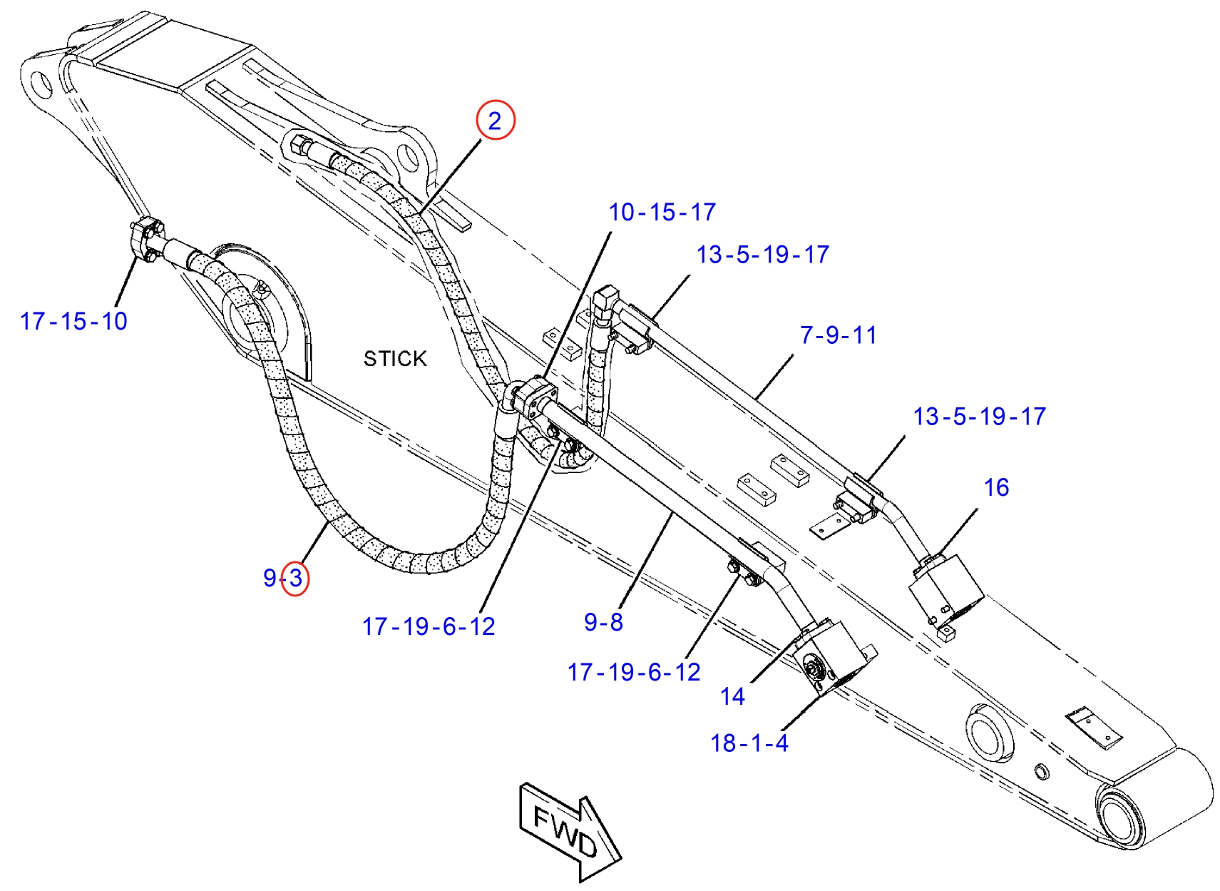 Caterpillar CAT®313F L installation diagram showing hydraulic hose 374-0129 at Pipe No. 2
