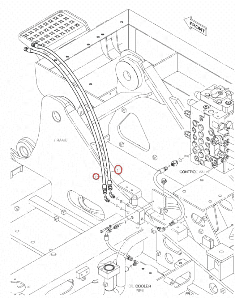 Doosan DX160LC installation diagram showing hydraulic hose 2184-1026D346 at Pipe No. 1