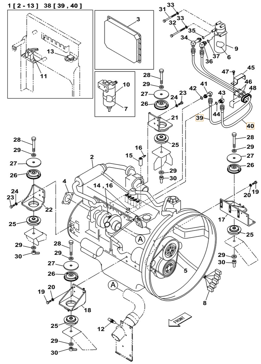 Case CX370B installation diagram showing hydraulic hose KSH1054 at Pipe No. 38