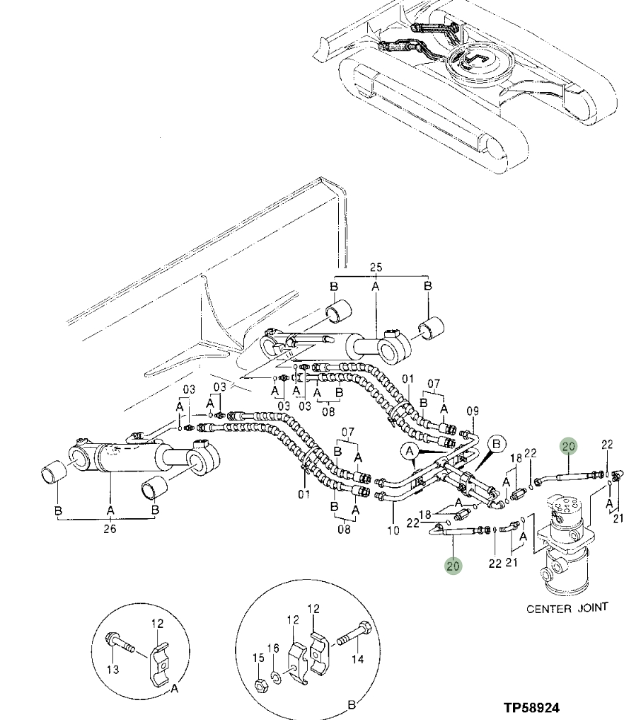 Hitachi EX110-5 installation diagram showing hydraulic hose 4361509 at Pipe No. 20