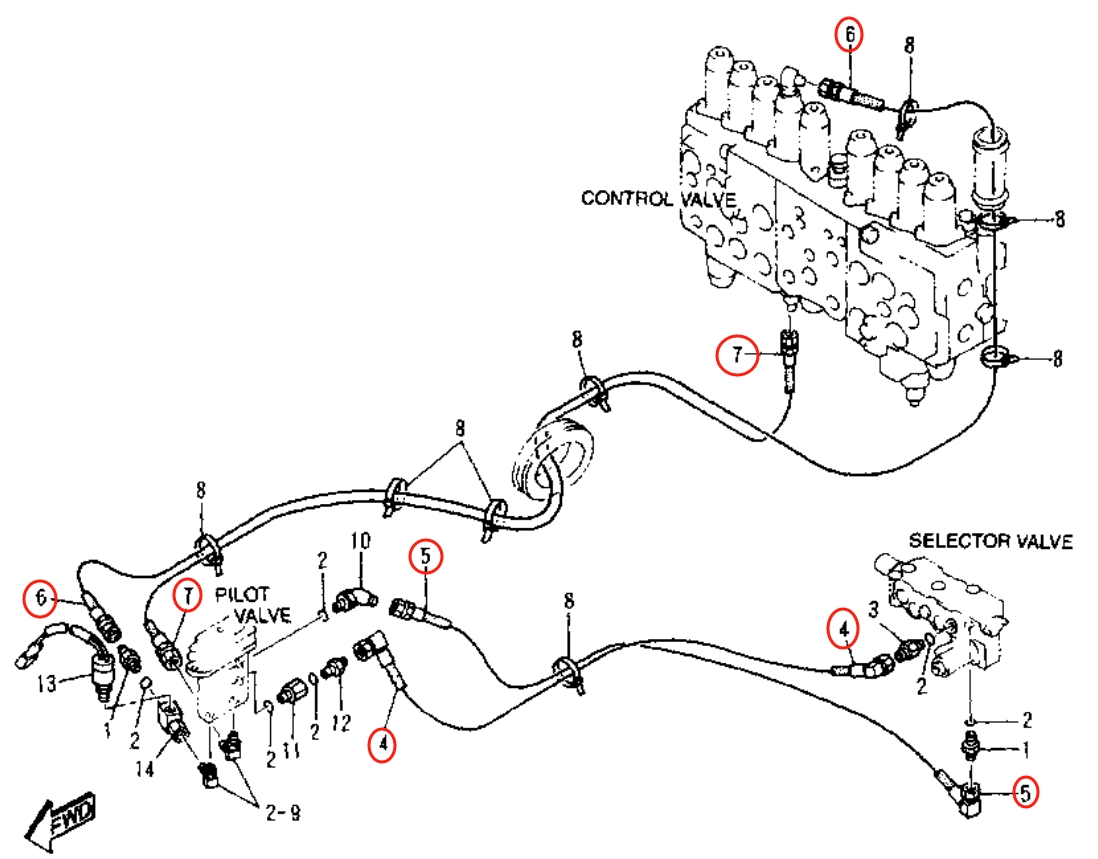 Caterpillar CAT®315B L installation diagram showing hydraulic hose 4I-6233 at Pipe No. 7