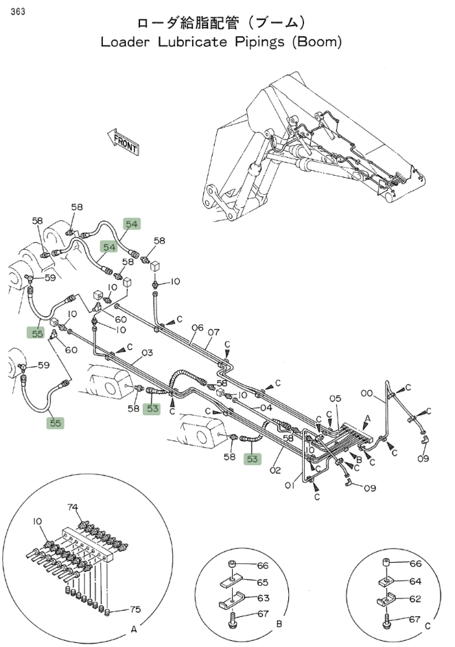 Hitachi EX700 installation diagram showing hydraulic hose 4367714 at Pipe No. 55