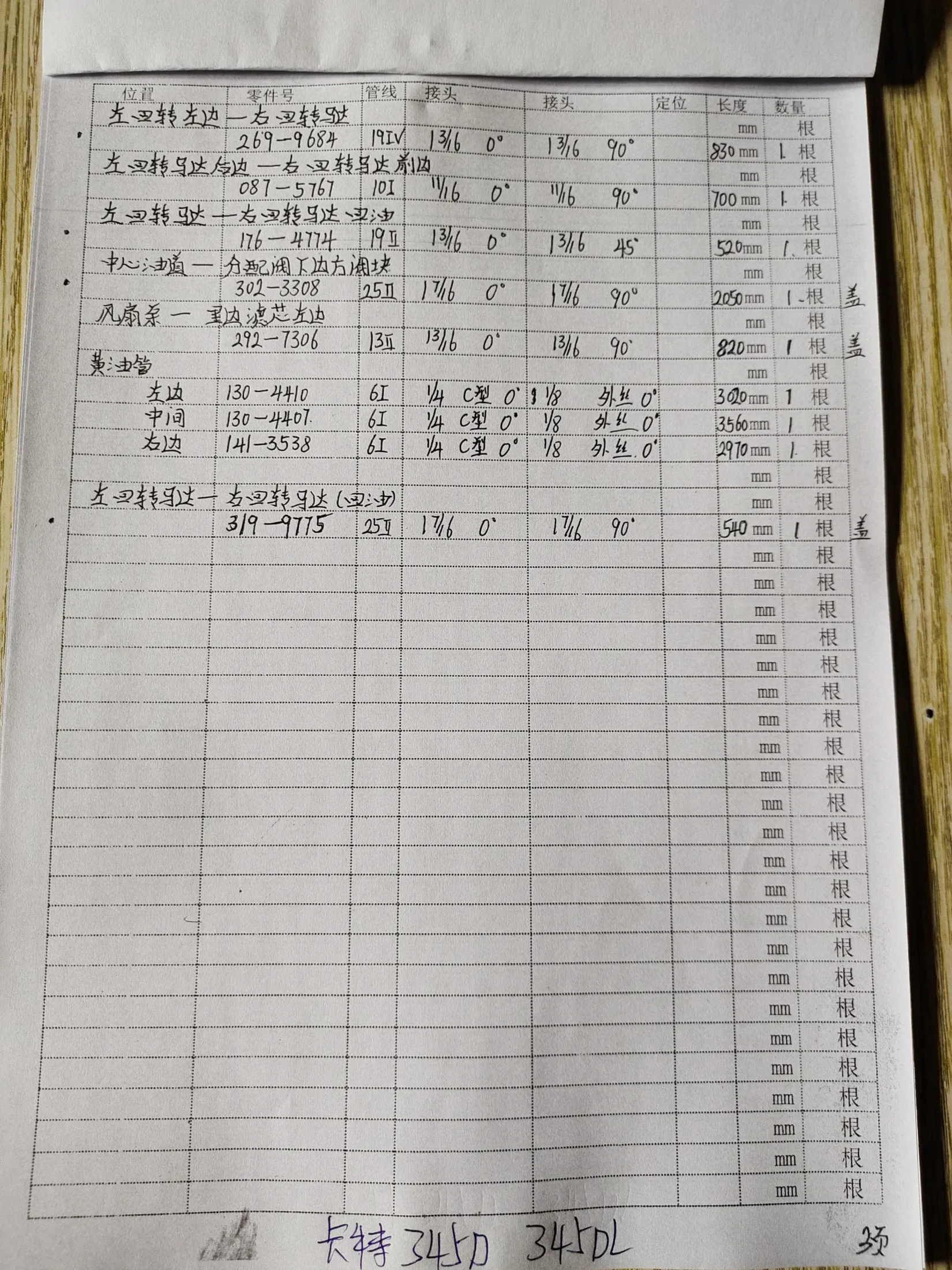 Caterpillar 345DL hydraulic hose part numbers and recorded lengths — technician notebook page 3 of 6