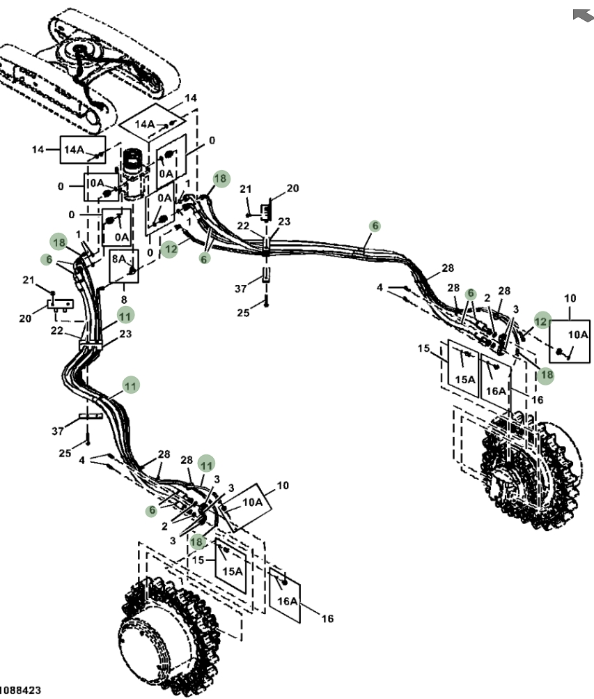 Hitachi ZX670LC-5A installation diagram showing hydraulic hose 4644543 at Pipe No. 18
