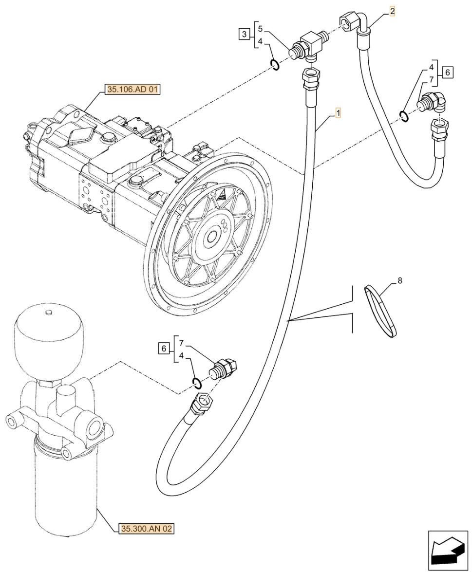 Case CX500D LC installation diagram showing hydraulic hose KHJ2342 at Pipe No. 2