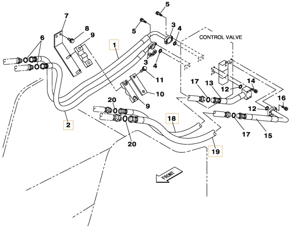 Case CX300B installation diagram showing hydraulic hose KBJ12490 at Pipe No. 19