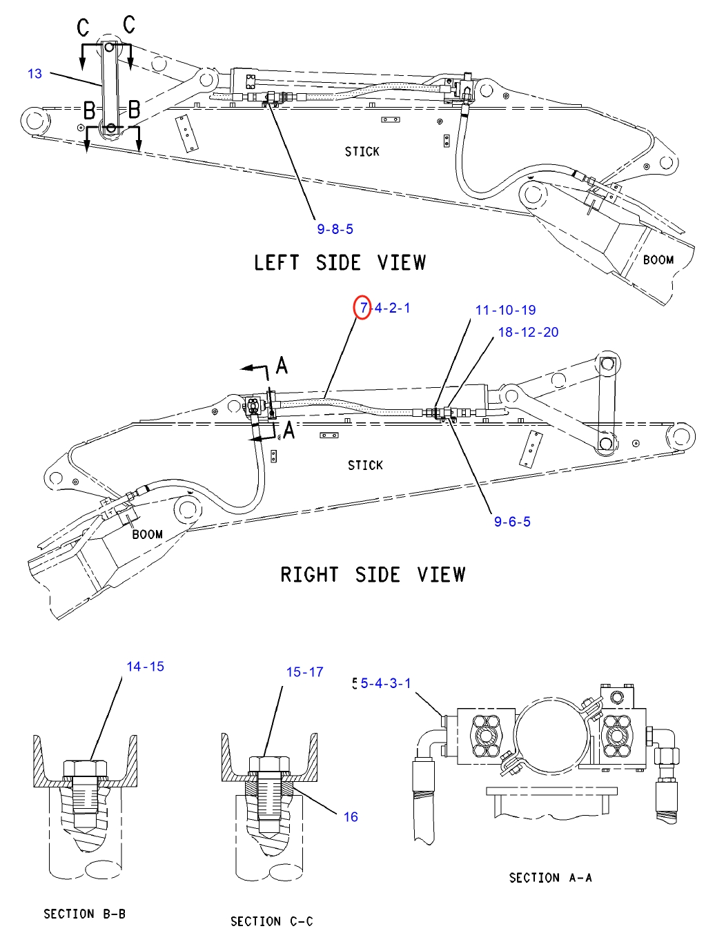 Caterpillar CAT®312-A installation diagram showing hydraulic hose 4E-5786 at Pipe No. 7