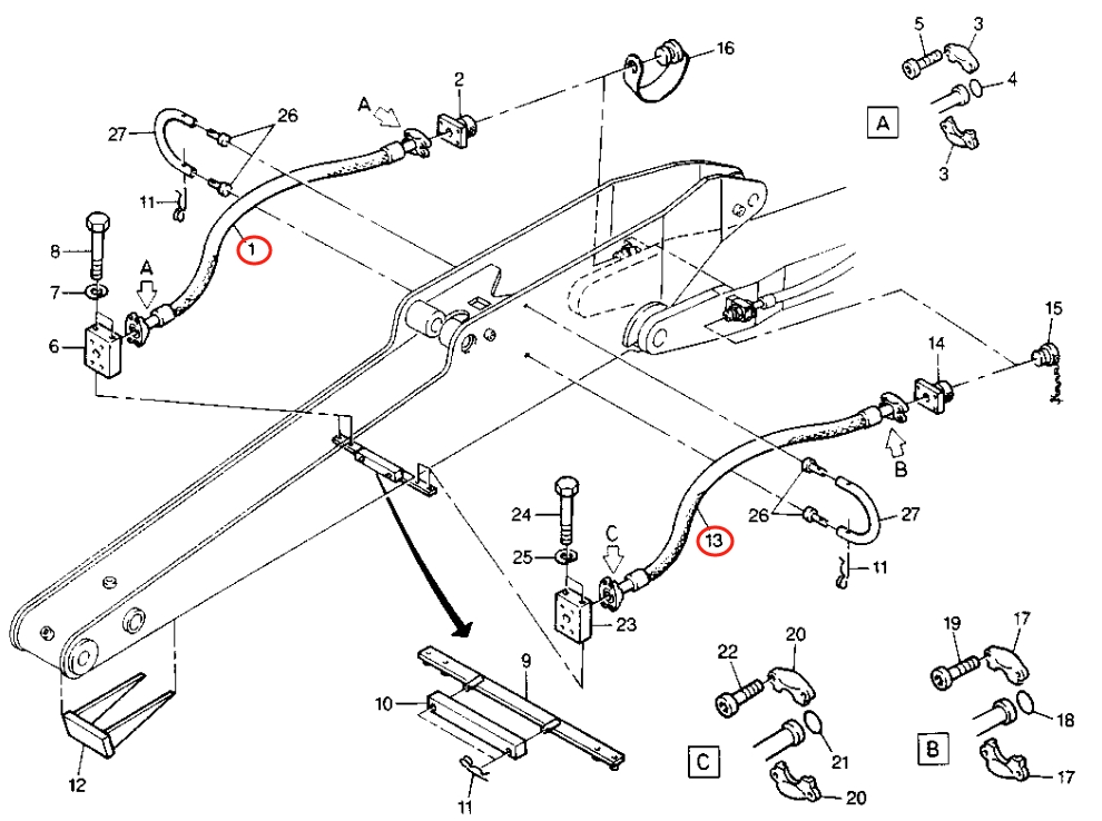 Caterpillar CAT®212B installation diagram showing hydraulic hose 8U-6223 at Pipe No. 1