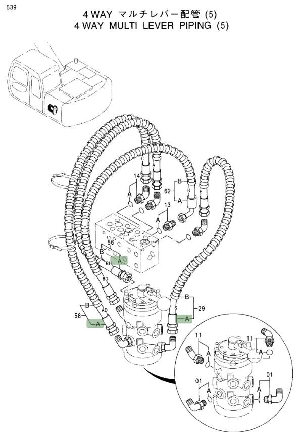 Hitachi EX100M-5 installation diagram showing hydraulic hose 4350753 at Pipe No. 29A