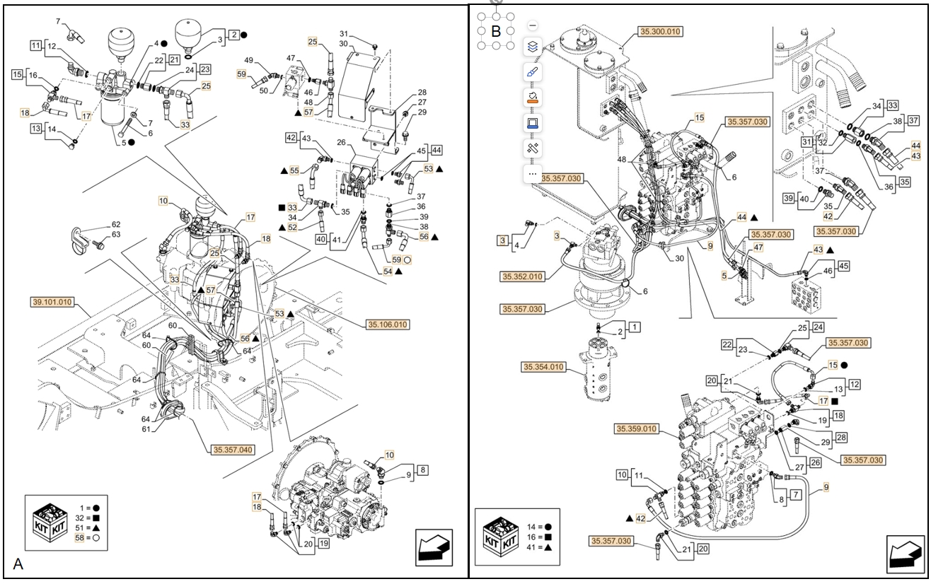 Case CX130D LC installation diagram showing hydraulic hose KHJ2169 at Pipe No. 33