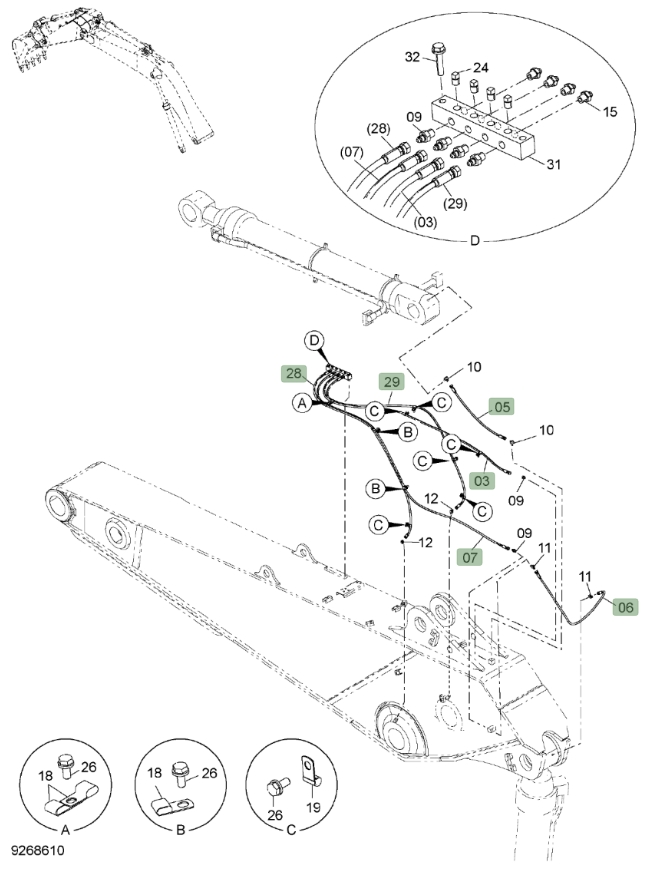 Hitachi ZX650LC-3 installation diagram showing hydraulic hose 4262280 at Pipe No. 28