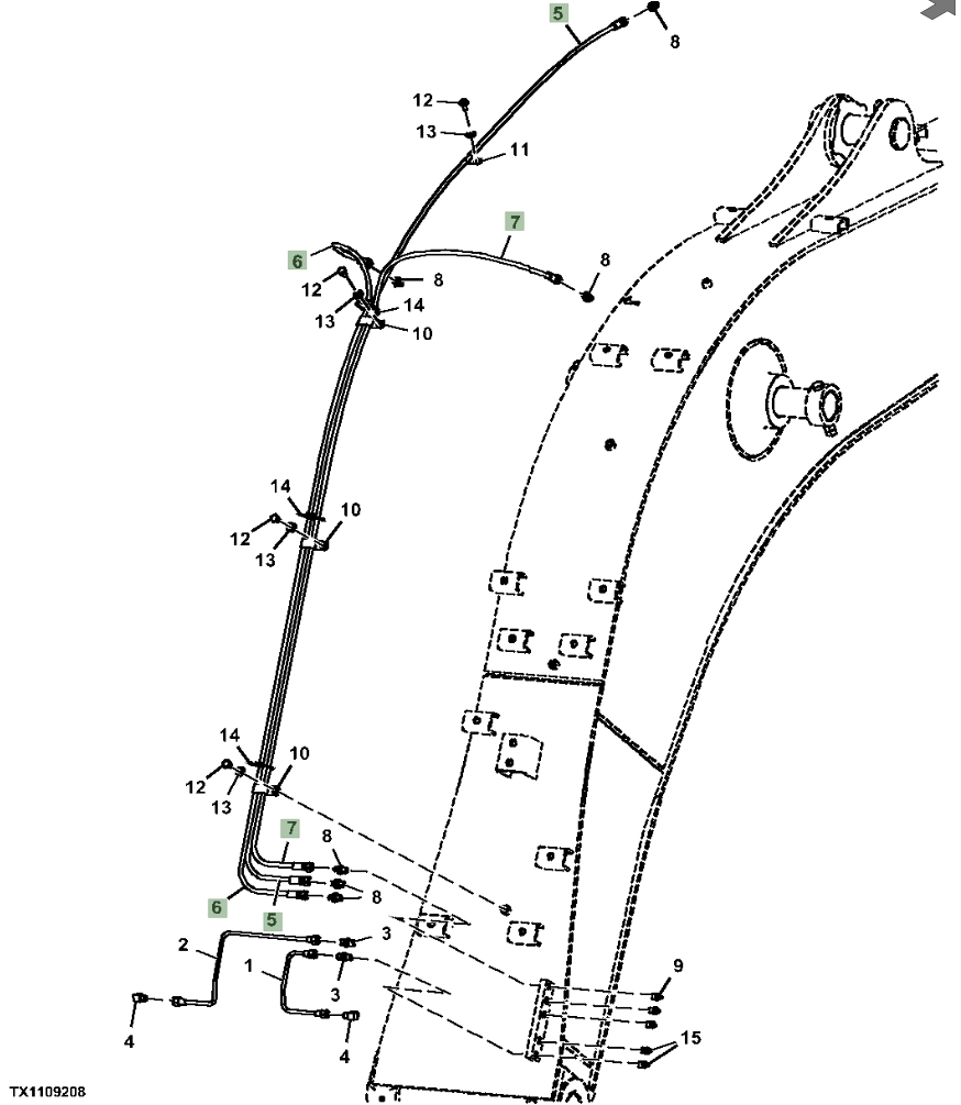 Hitachi ZX130-5N installation diagram showing hydraulic hose 4458065 at Pipe No. 7
