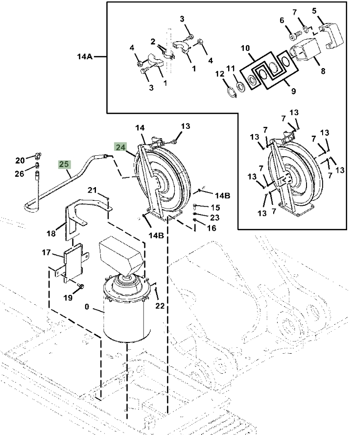 Hitachi ZX470-5A installation diagram showing hydraulic hose 4055122 at Pipe No. 25