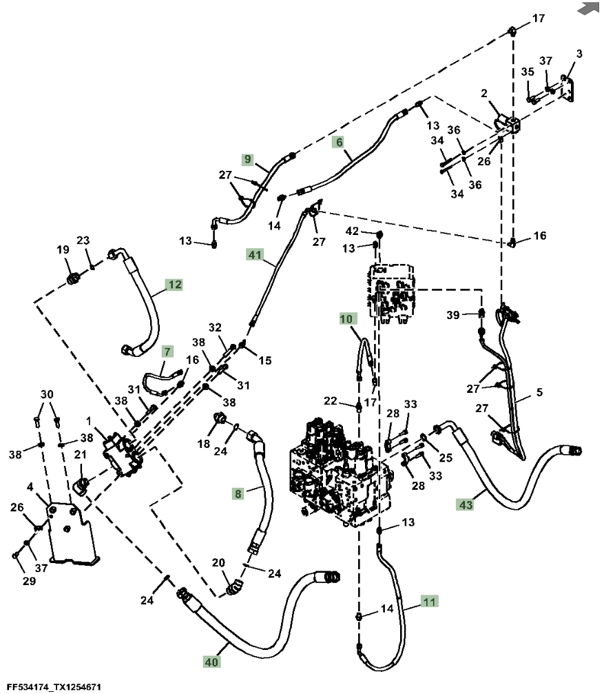 Hitachi ZX130-6N installation diagram showing hydraulic hose FF532614 at Pipe No. 6