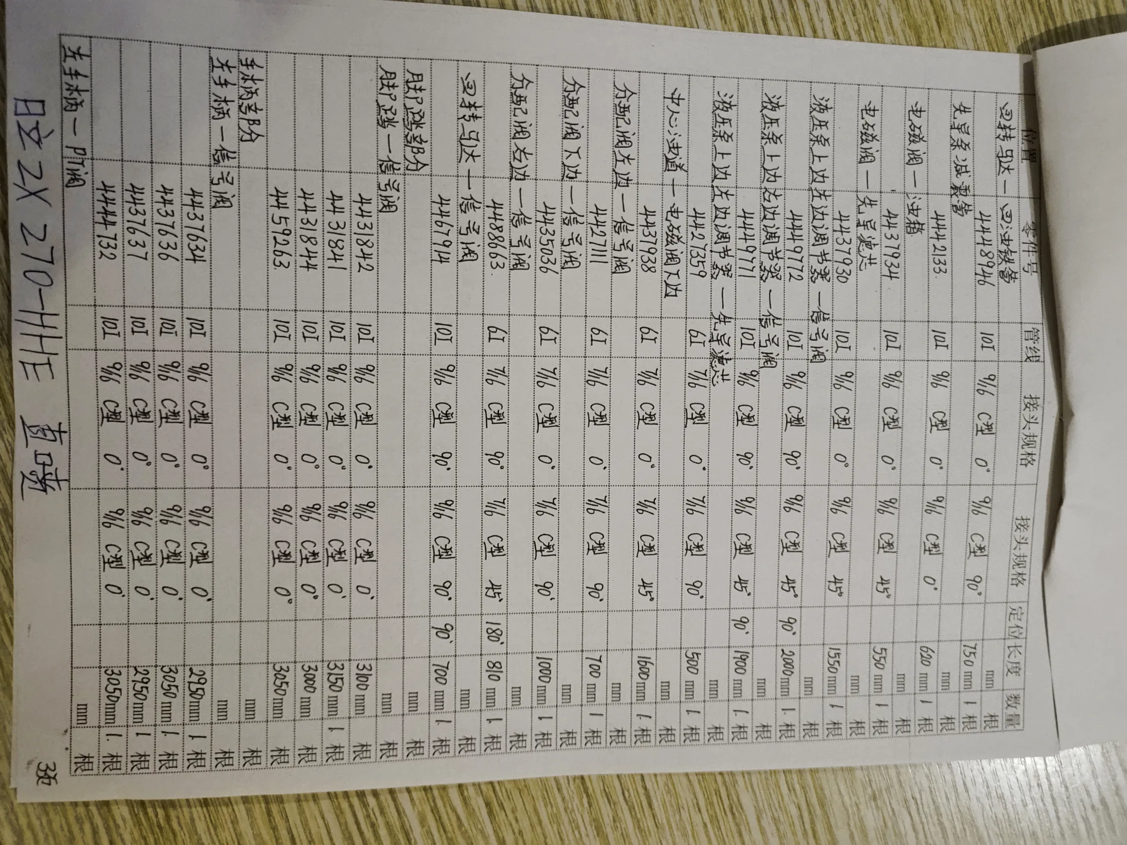 Hitachi ZX270-HHE hydraulic hose part numbers and recorded lengths — technician notebook image 1 of 4 — recorded hose parts 3050MMLR