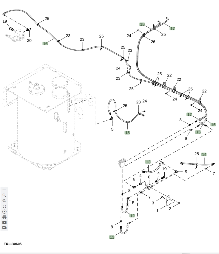 Hitachi ZX870LC-6 installation diagram showing hydraulic hose 4441884 at Pipe No. 13