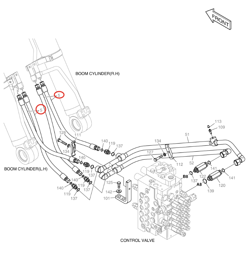 Doosan DX140LC-5 installation diagram showing hydraulic hose DS20111208 at Pipe No. 5