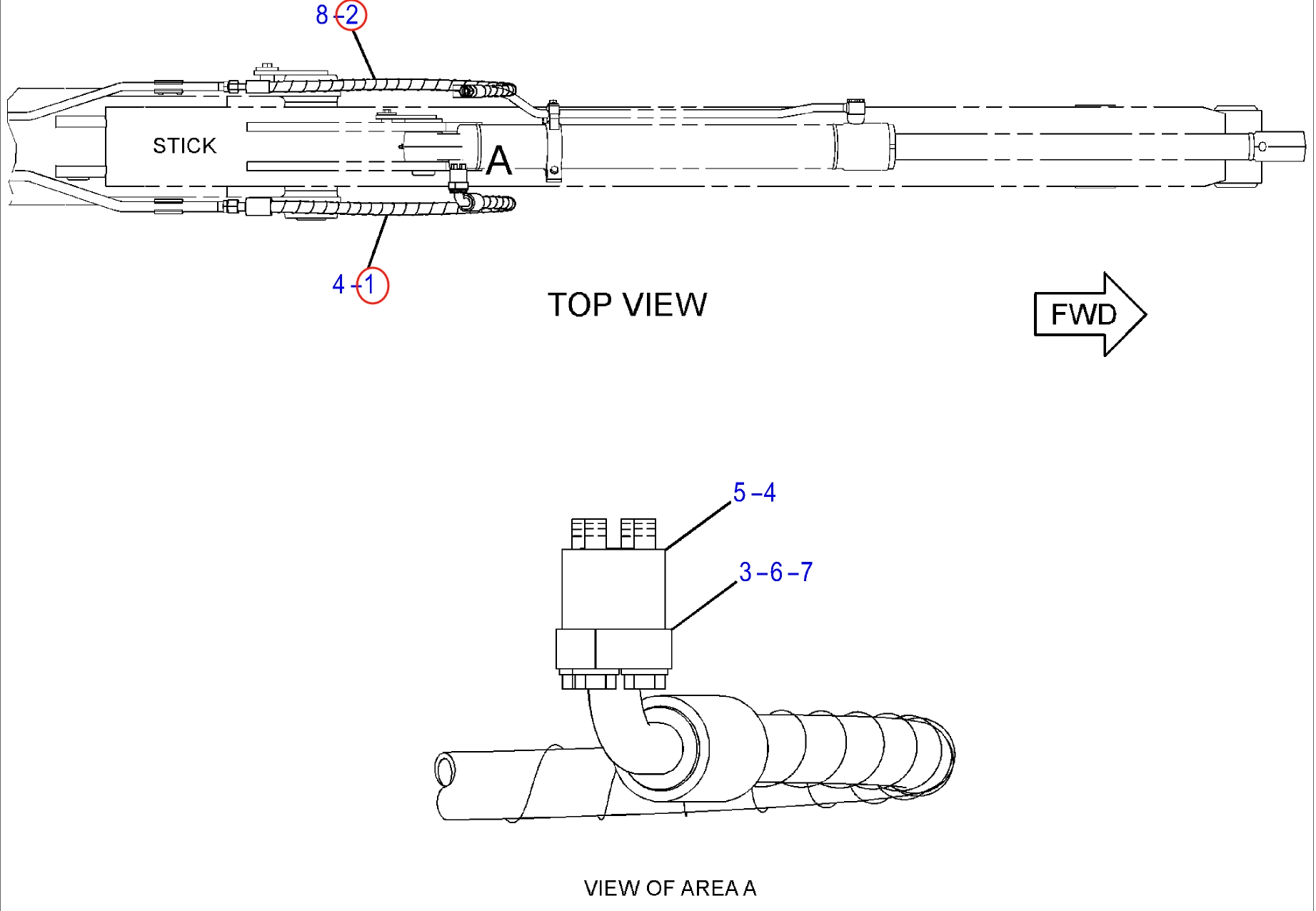 Caterpillar CAT®313D2 LGP installation diagram showing hydraulic hose 124-0838 at Pipe No. 2