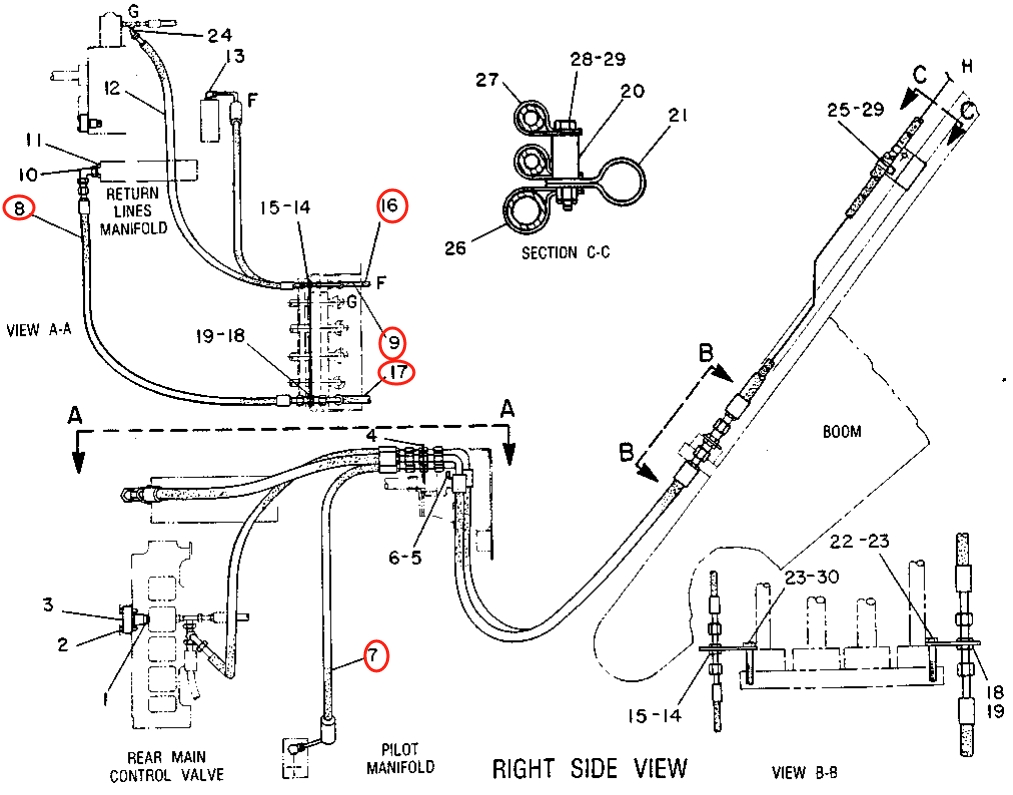 Caterpillar CAT®215C installation diagram showing hydraulic hose 6W-7640 at Pipe No. 8