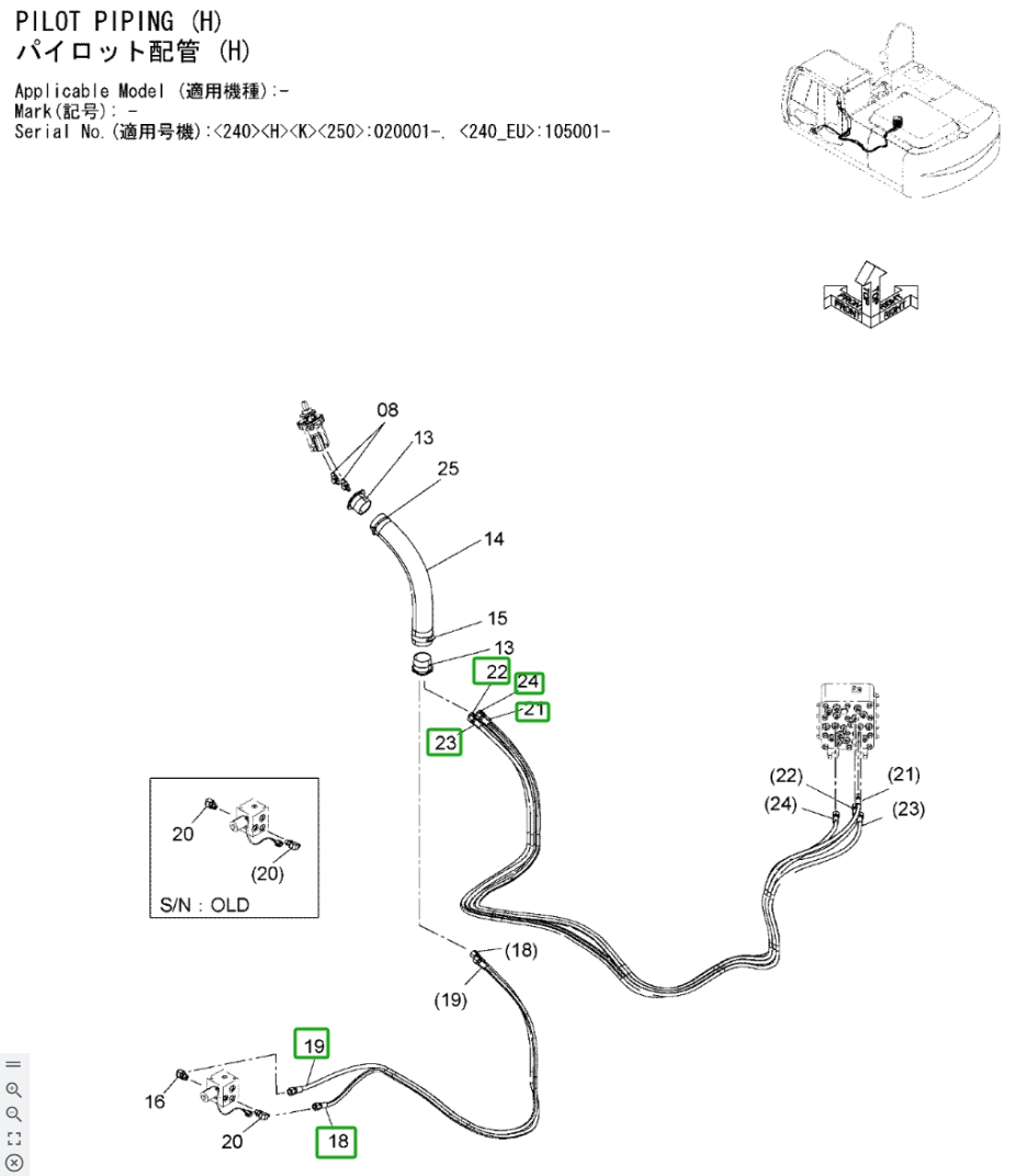 Hitachi ZX240LC-3 installation diagram showing hydraulic hose 4647401 at Pipe No. 24