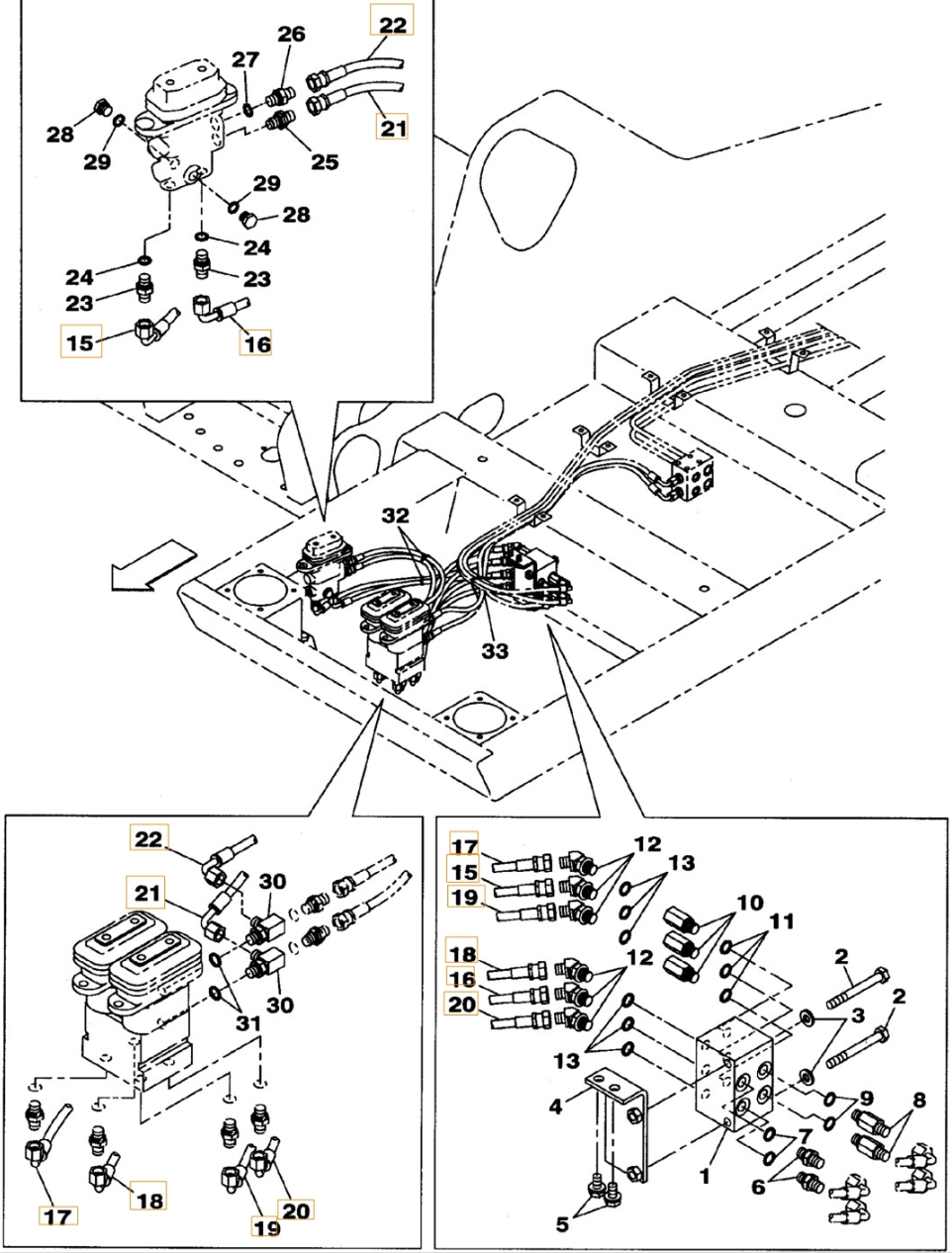 Case CX240BLR installation diagram showing hydraulic hose KHJ2179 at Pipe No. 16