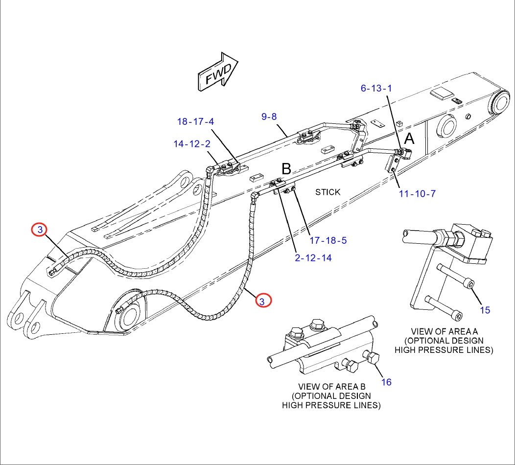 Caterpillar CAT®316E L installation diagram showing hydraulic hose 173-7864 at Pipe No. 3