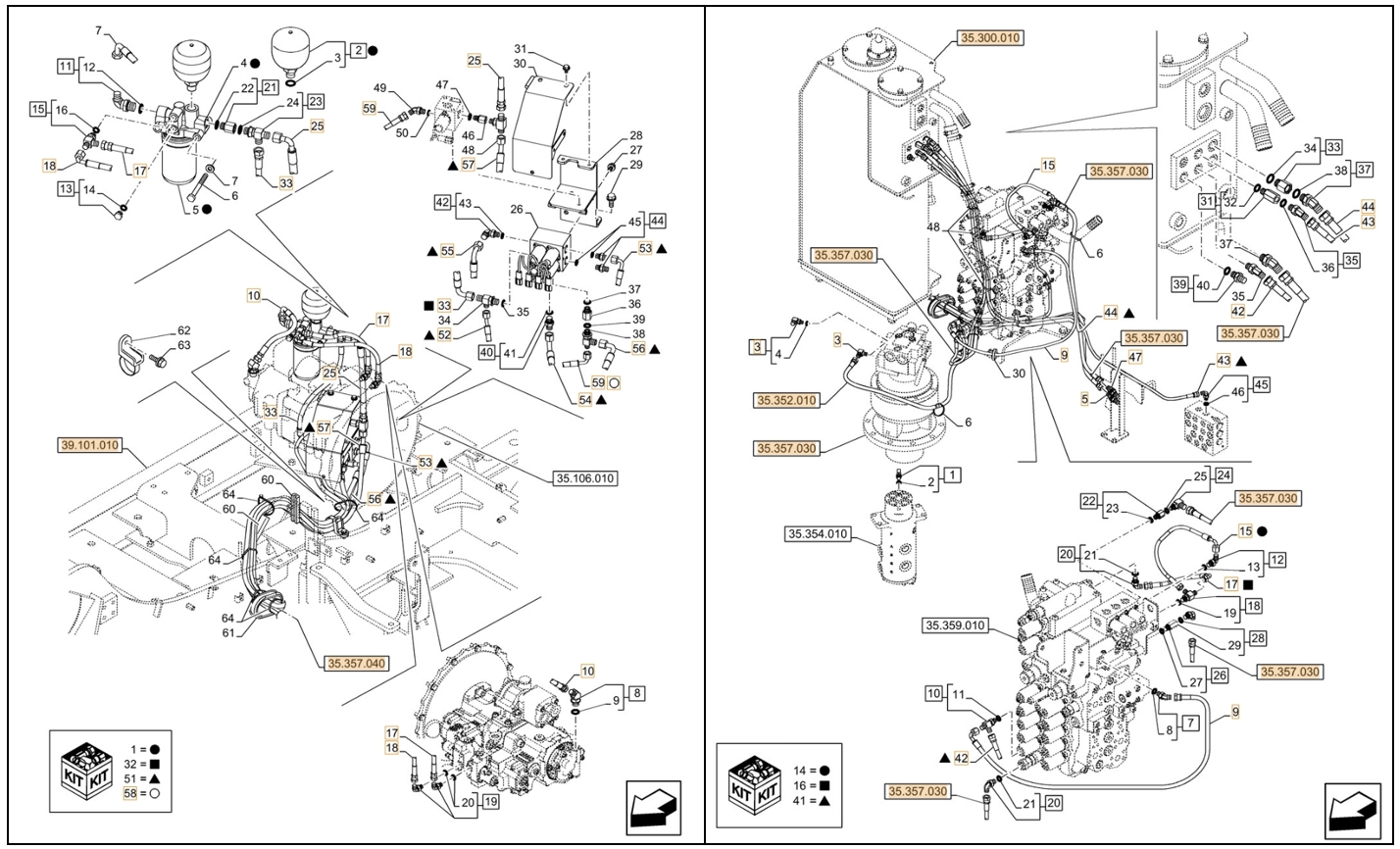 Case CX130D installation diagram showing hydraulic hose KHJ2342 at Pipe No. 59