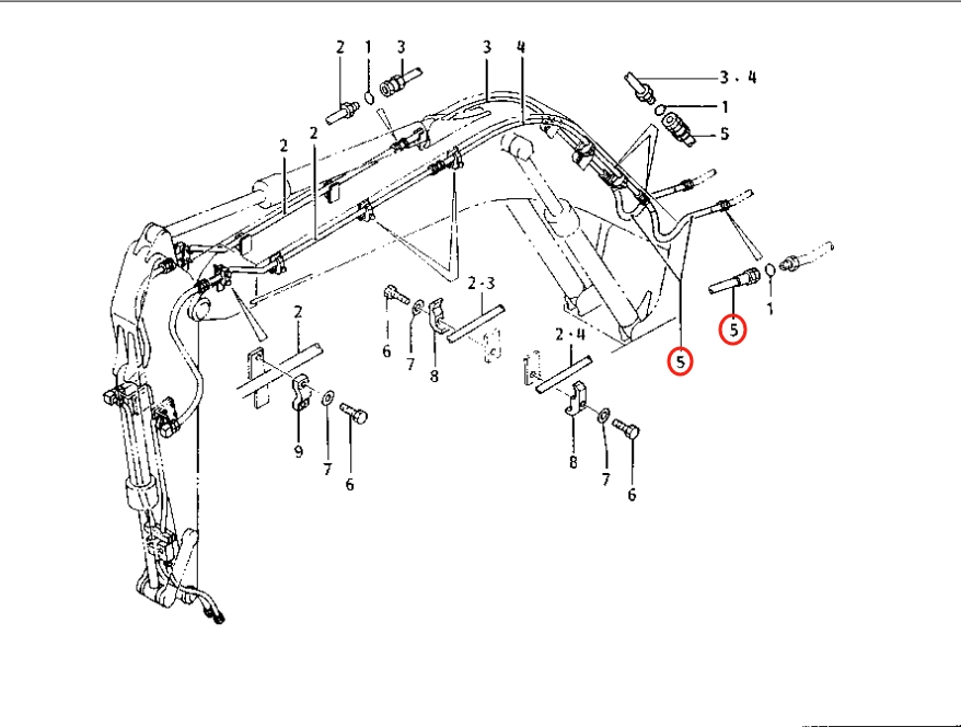Caterpillar CAT®E120B installation diagram showing hydraulic hose 099-7034 at Pipe No. 5